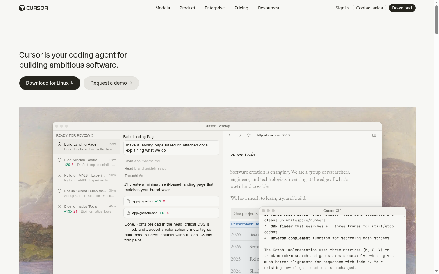 Cursor landing page, captured for the Agent Verdict board